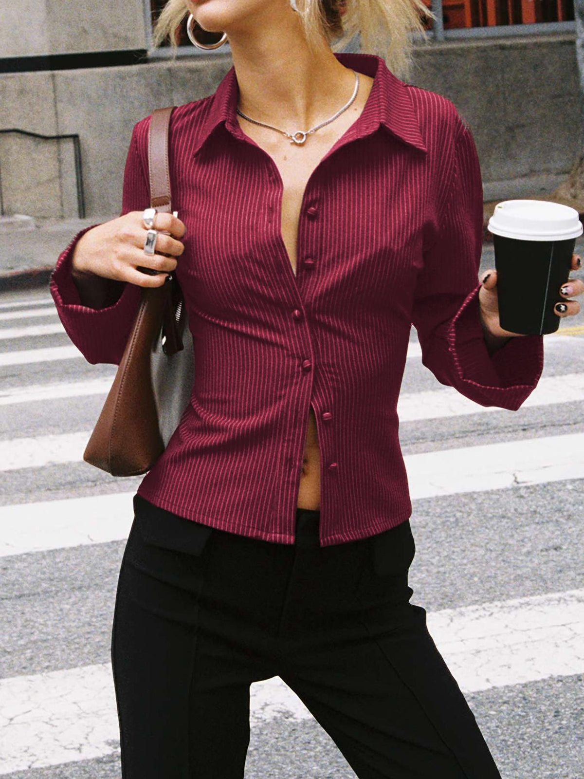 Ribbed Button-Up Knit Shirt