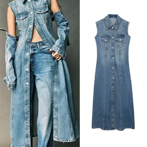 Chic Blue Sleeveless Denim Dress