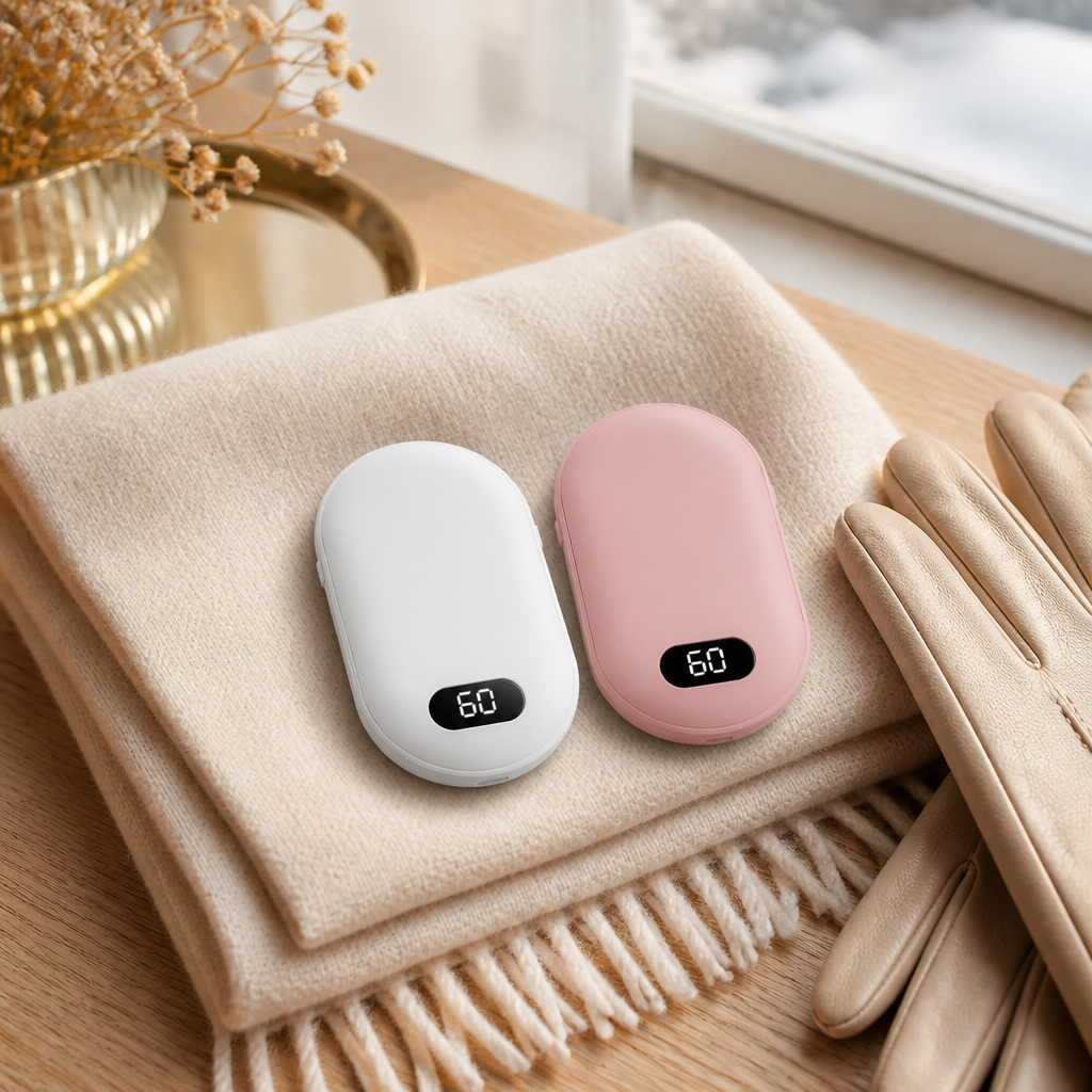 Mini rechargeable hand warmers in white and blush on a cream knit scarf with gloves