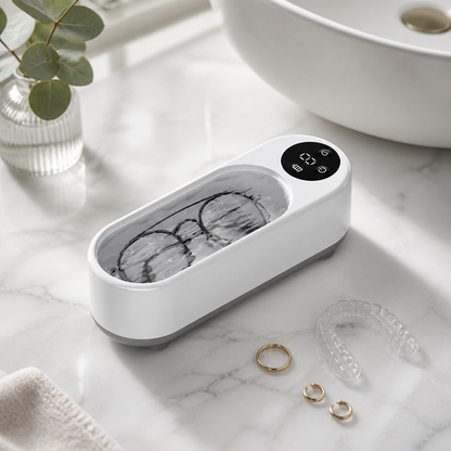 Ultrasonic jewellery and retainer cleaner on a marble counter with glasses and rings