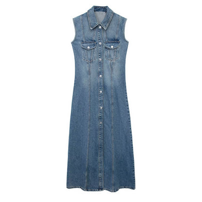 Chic Blue Sleeveless Denim Dress