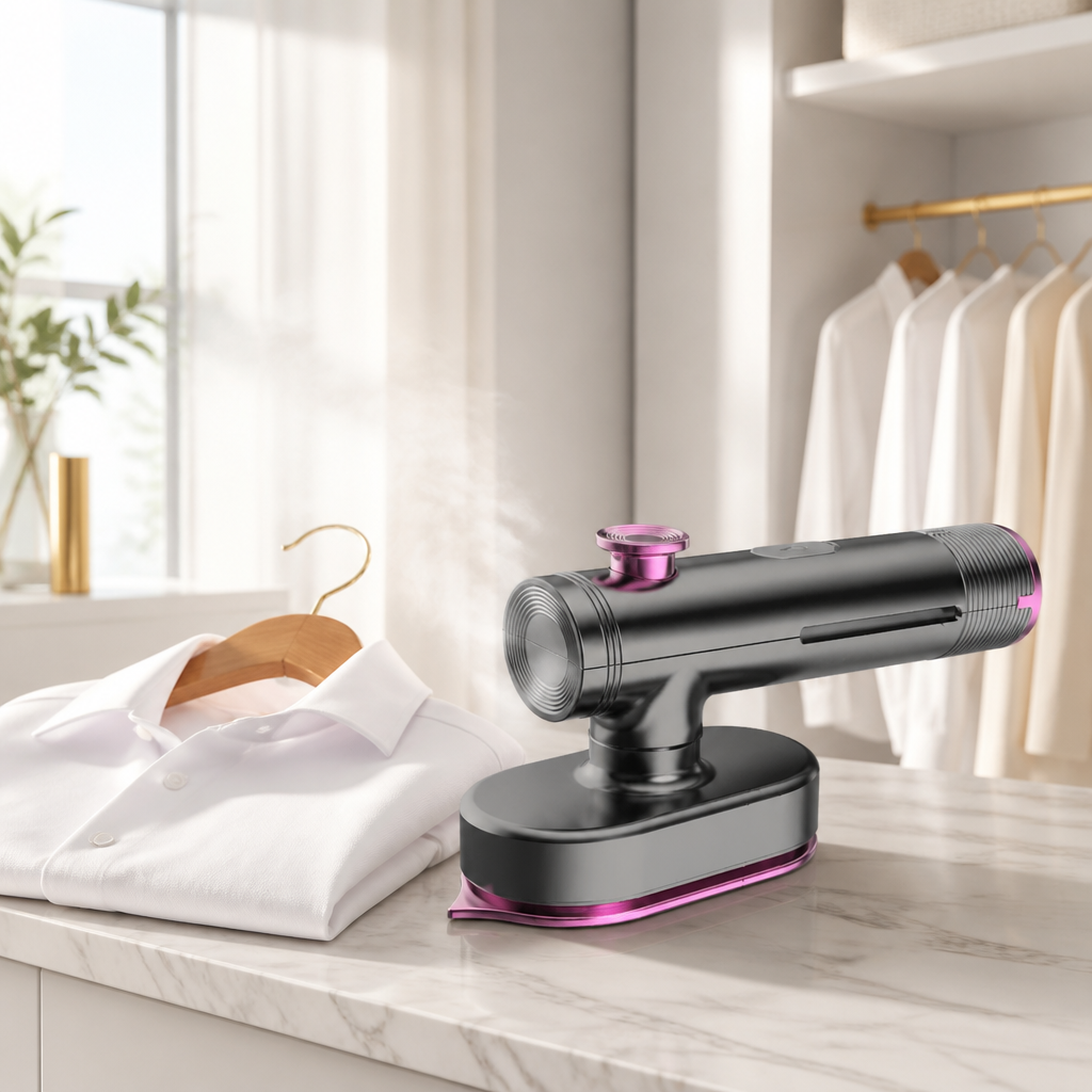 Handheld garment steamer on marble beside a white shirt on a hanger