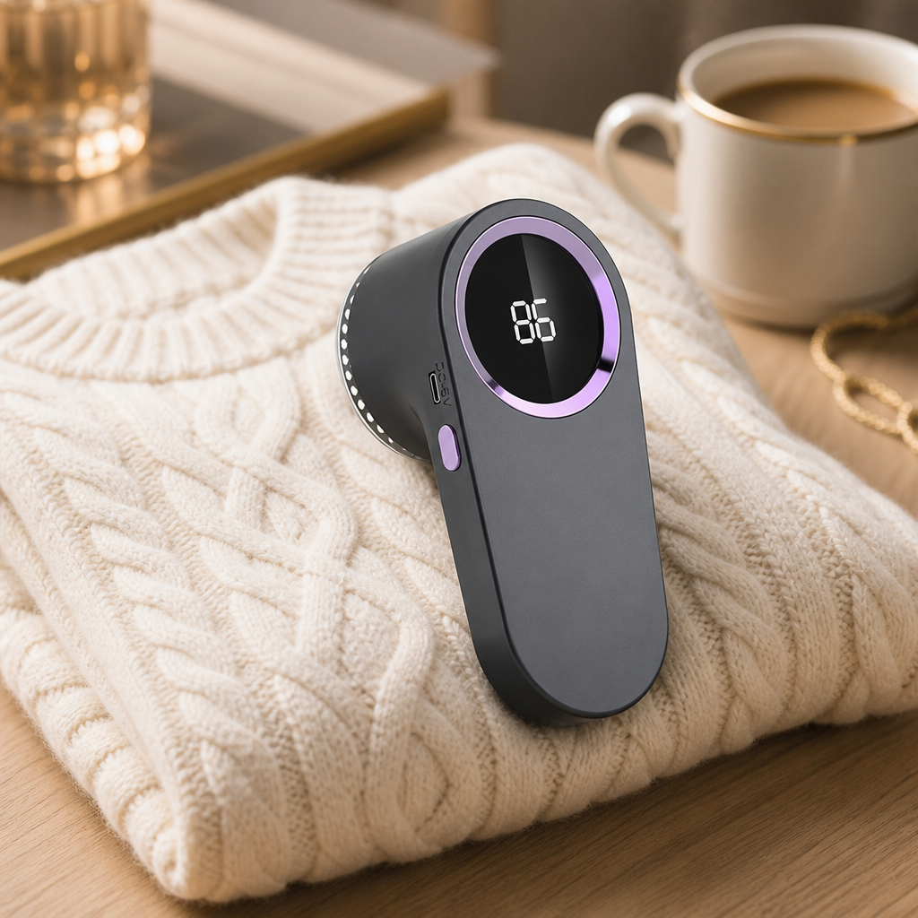 Rechargeable lint remover on a folded cream knit sweater